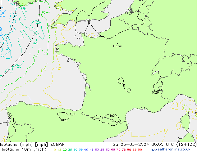 Isotachs (mph) ECMWF sam 25.05.2024 00 UTC