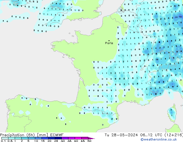 Precipitation (6h) ECMWF Tu 28.05.2024 12 UTC