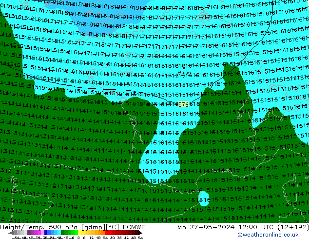 Z500/Rain (+SLP)/Z850 ECMWF Mo 27.05.2024 12 UTC