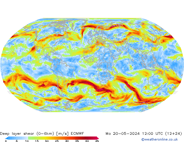 Deep layer shear (0-6km) ECMWF 星期一 20.05.2024 12 UTC