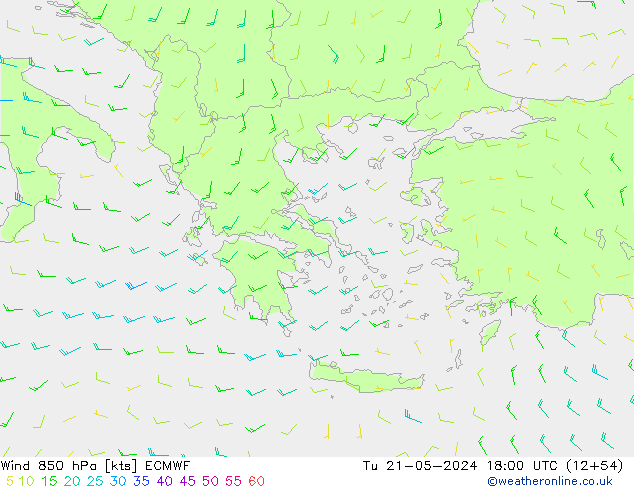 Wind 850 hPa ECMWF Út 21.05.2024 18 UTC