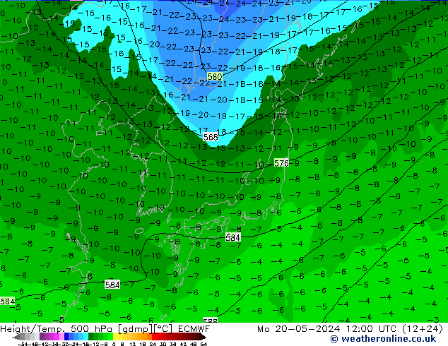 Z500/Rain (+SLP)/Z850 ECMWF Po 20.05.2024 12 UTC