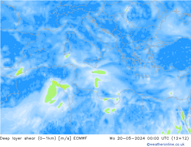 Deep layer shear (0-1km) ECMWF pon. 20.05.2024 00 UTC