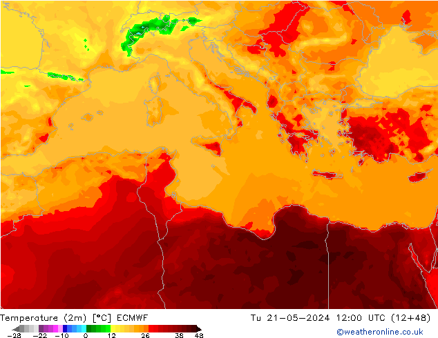 Temperature (2m) ECMWF Tu 21.05.2024 12 UTC