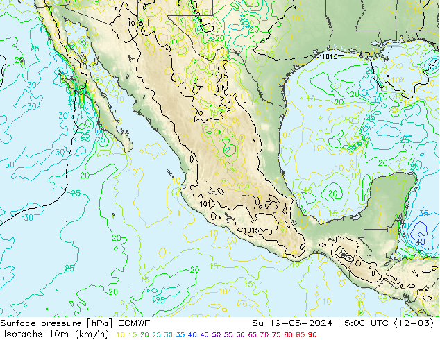 Isotaca (kph) ECMWF dom 19.05.2024 15 UTC