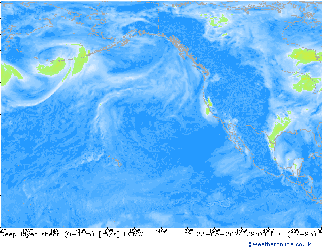 Deep layer shear (0-1km) ECMWF gio 23.05.2024 09 UTC