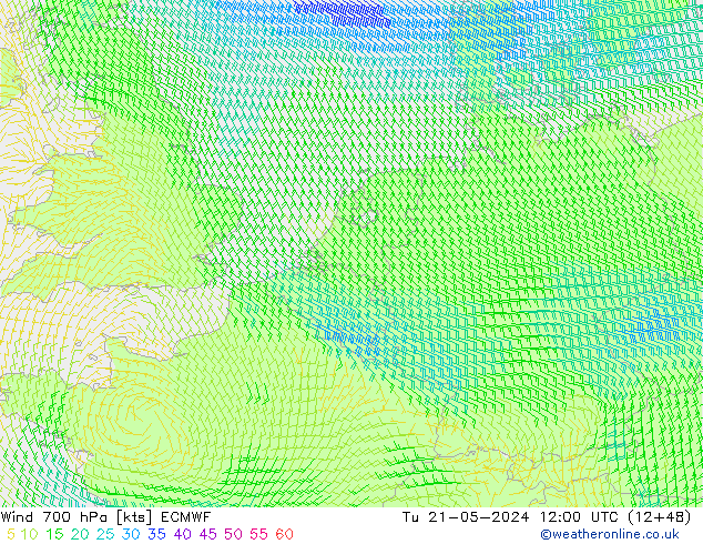 Rüzgar 700 hPa ECMWF Sa 21.05.2024 12 UTC