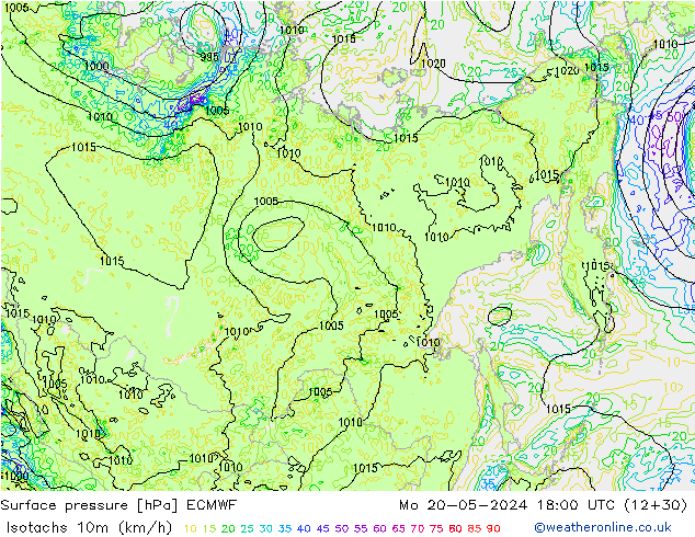 Eşrüzgar Hızları (km/sa) ECMWF Pzt 20.05.2024 18 UTC