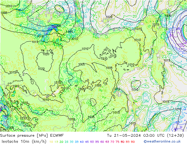 Isotachs (kph) ECMWF mar 21.05.2024 03 UTC