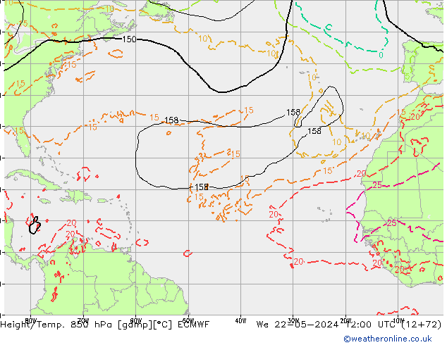 Z500/Rain (+SLP)/Z850 ECMWF mer 22.05.2024 12 UTC