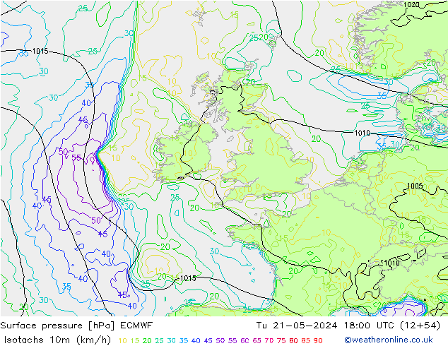 Izotacha (km/godz) ECMWF wto. 21.05.2024 18 UTC