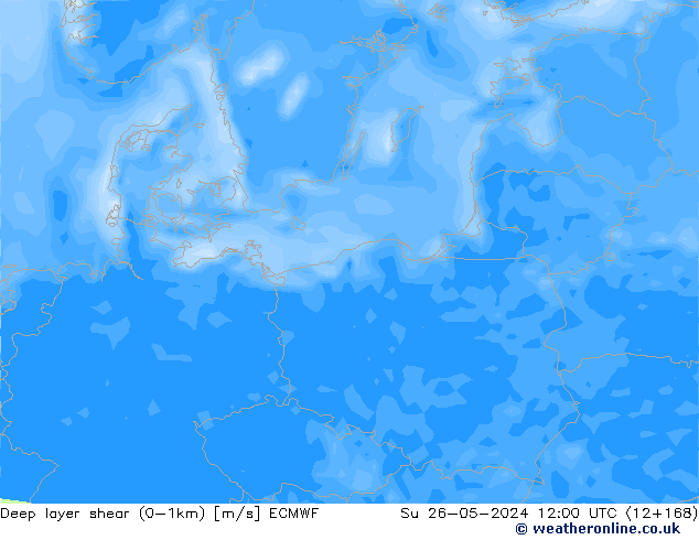 Deep layer shear (0-1km) ECMWF Su 26.05.2024 12 UTC