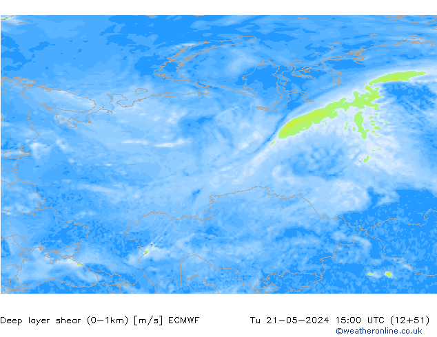 Deep layer shear (0-1km) ECMWF Tu 21.05.2024 15 UTC