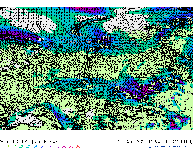 Wind 850 hPa ECMWF Su 26.05.2024 12 UTC