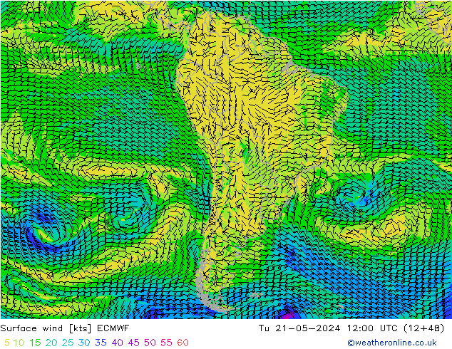 Surface wind ECMWF Út 21.05.2024 12 UTC