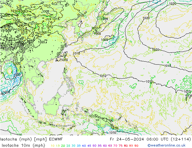 Isotachen (mph) ECMWF Fr 24.05.2024 06 UTC