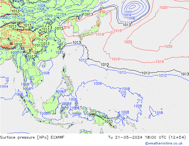 Surface pressure ECMWF Tu 21.05.2024 18 UTC