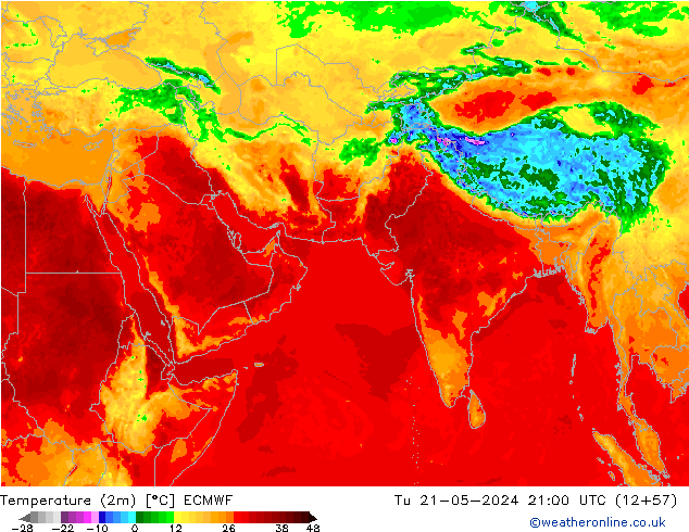 mapa temperatury (2m) ECMWF wto. 21.05.2024 21 UTC