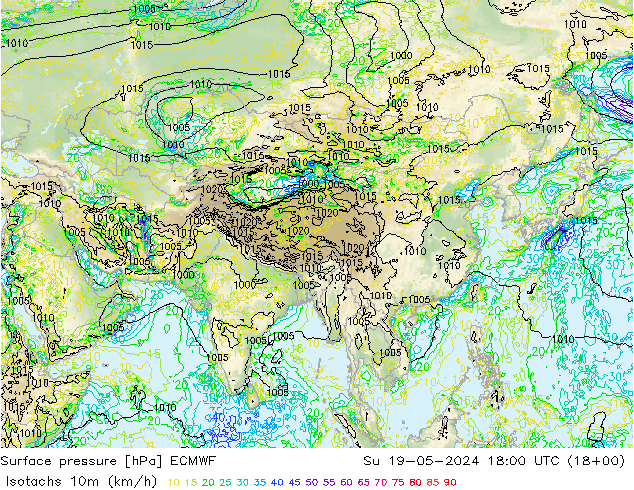 Isotachs (kph) ECMWF Su 19.05.2024 18 UTC