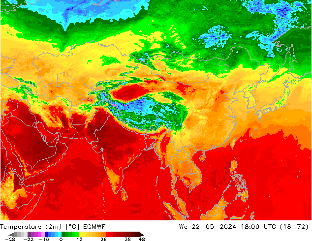 Temperatuurkaart (2m) ECMWF wo 22.05.2024 18 UTC