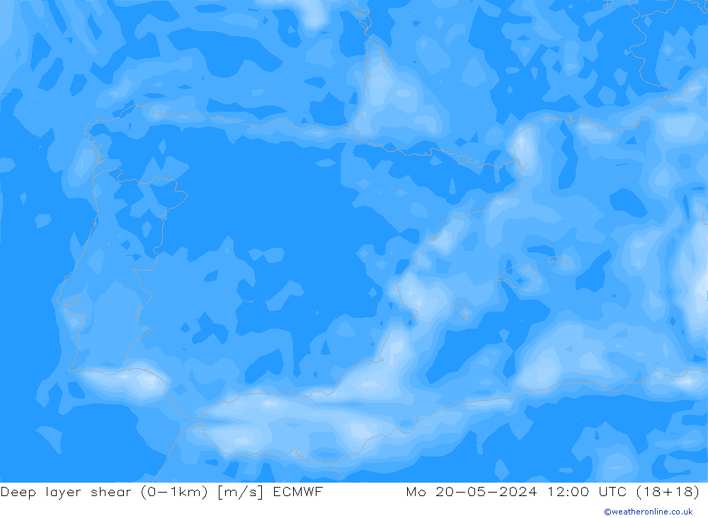 Deep layer shear (0-1km) ECMWF ma 20.05.2024 12 UTC