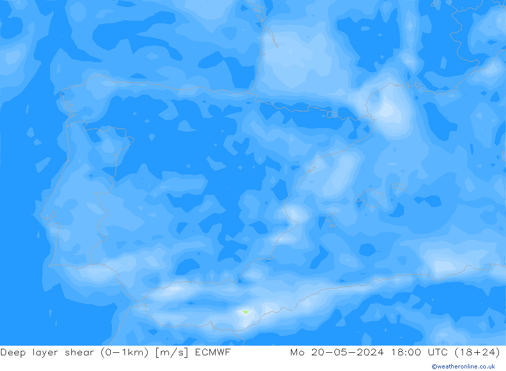 Deep layer shear (0-1km) ECMWF lun 20.05.2024 18 UTC