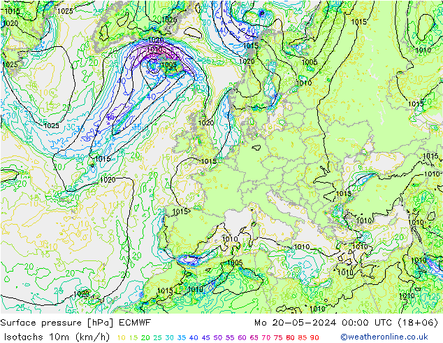 10米等风速线 (kph) ECMWF 星期一 20.05.2024 00 UTC