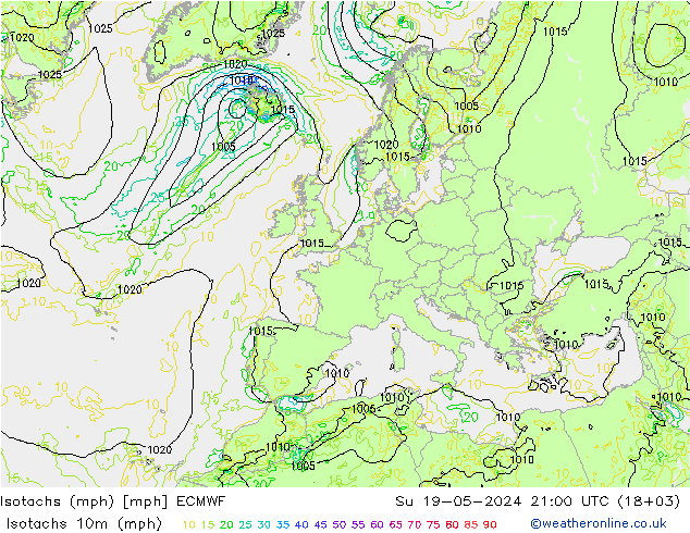 Isotachs (mph) ECMWF dim 19.05.2024 21 UTC