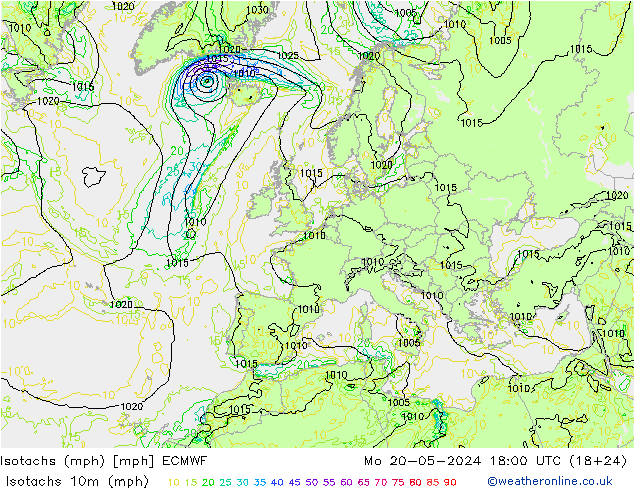 Isotachen (mph) ECMWF Mo 20.05.2024 18 UTC