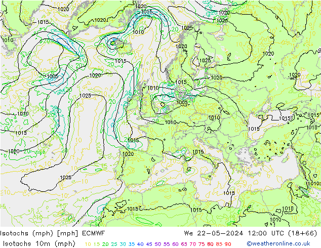 Isotachs (mph) ECMWF  22.05.2024 12 UTC