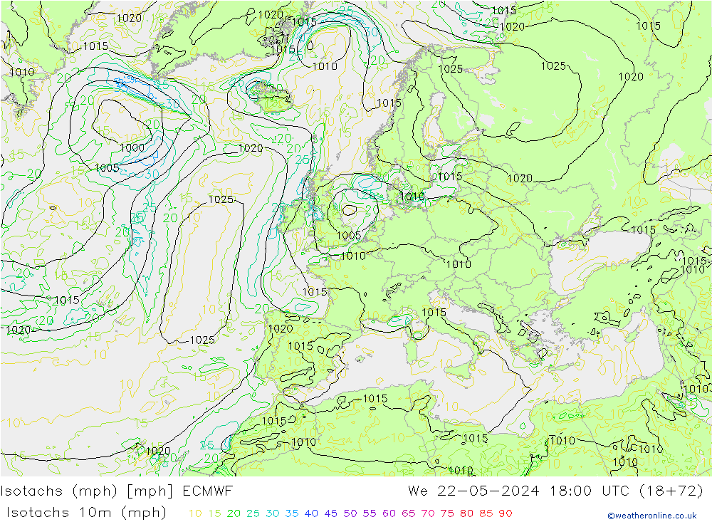 Izotacha (mph) ECMWF śro. 22.05.2024 18 UTC