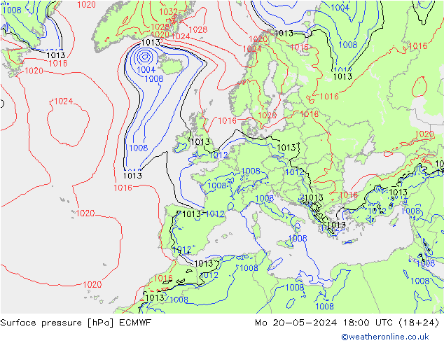 Presión superficial ECMWF lun 20.05.2024 18 UTC