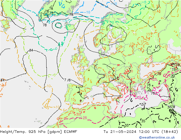 Height/Temp. 925 hPa ECMWF  21.05.2024 12 UTC
