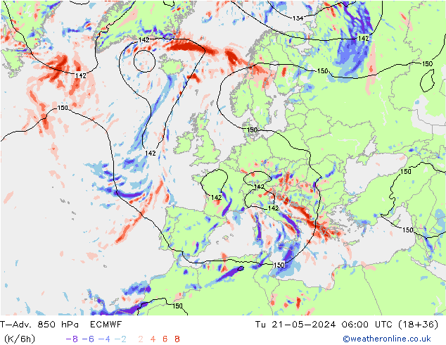 T-Adv. 850 hPa ECMWF Tu 21.05.2024 06 UTC