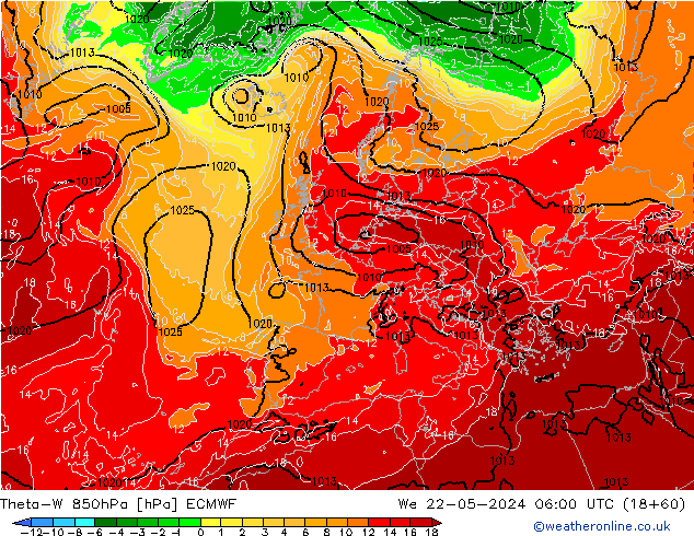 Theta-W 850hPa ECMWF St 22.05.2024 06 UTC