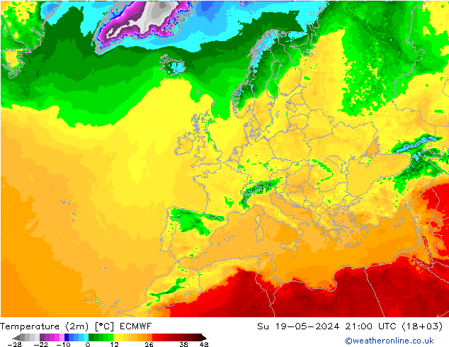 Temperaturkarte (2m) ECMWF So 19.05.2024 21 UTC