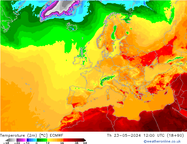 Temperatuurkaart (2m) ECMWF do 23.05.2024 12 UTC