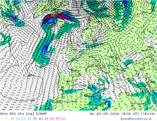 风 950 hPa ECMWF 星期一 20.05.2024 18 UTC