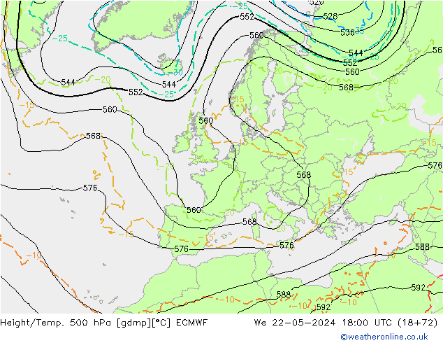 Z500/Rain (+SLP)/Z850 ECMWF Mi 22.05.2024 18 UTC