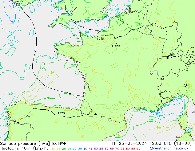 Isotachen (km/h) ECMWF Do 23.05.2024 12 UTC