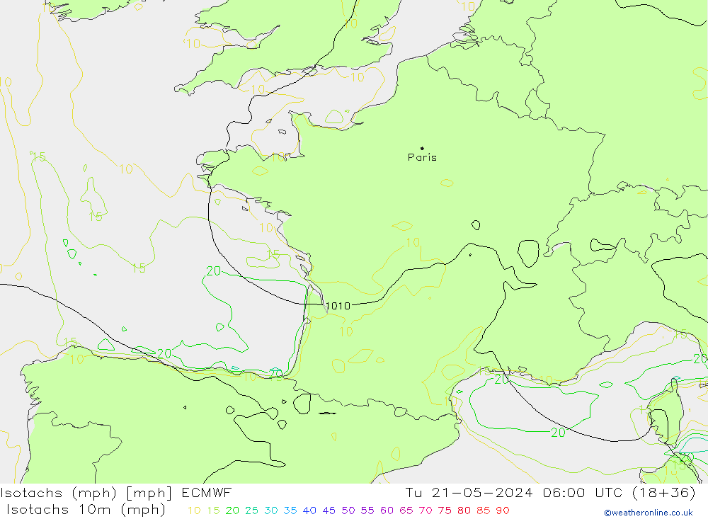 Isotachs (mph) ECMWF Tu 21.05.2024 06 UTC
