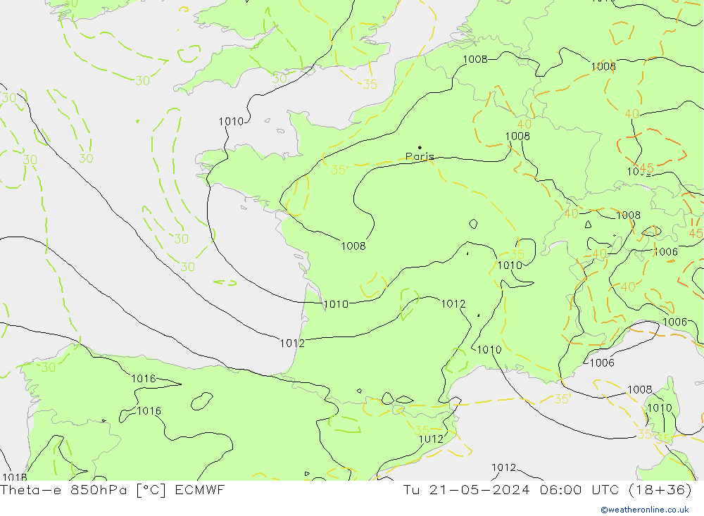 Theta-e 850hPa ECMWF Sa 21.05.2024 06 UTC