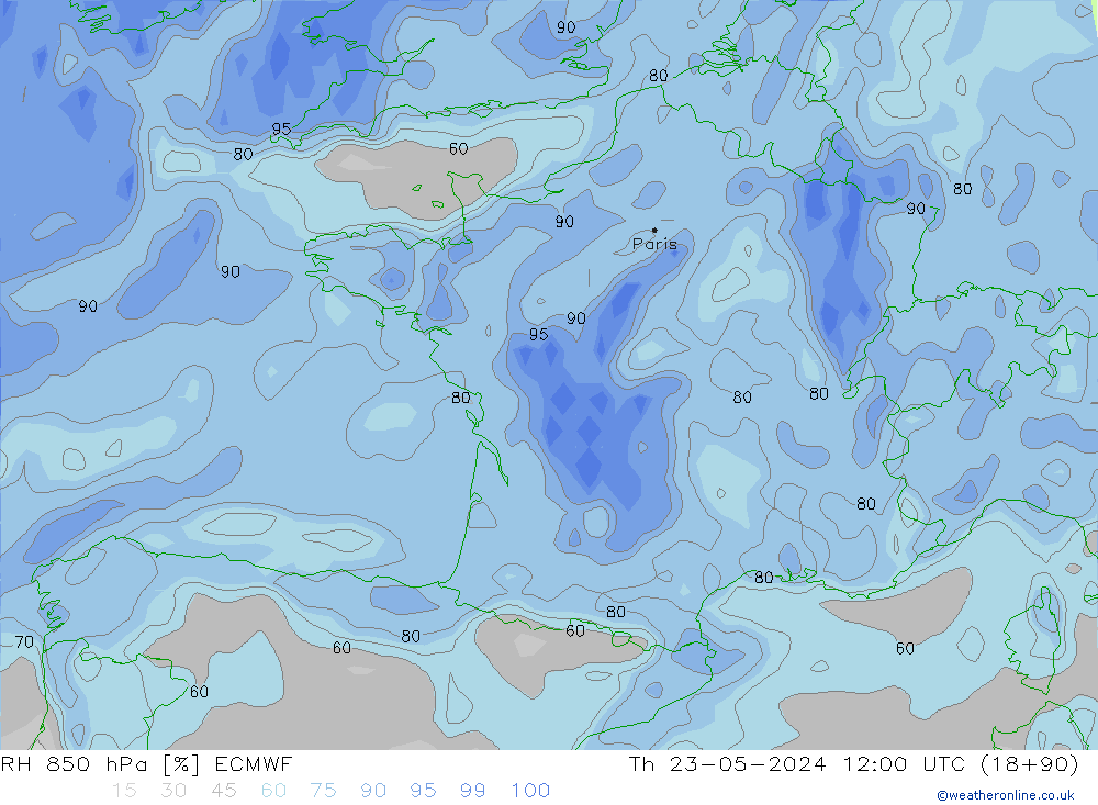 RH 850 hPa ECMWF Čt 23.05.2024 12 UTC