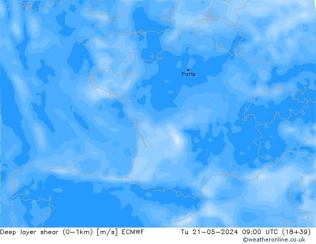 Deep layer shear (0-1km) ECMWF Tu 21.05.2024 09 UTC