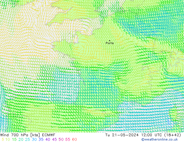 wiatr 700 hPa ECMWF wto. 21.05.2024 12 UTC