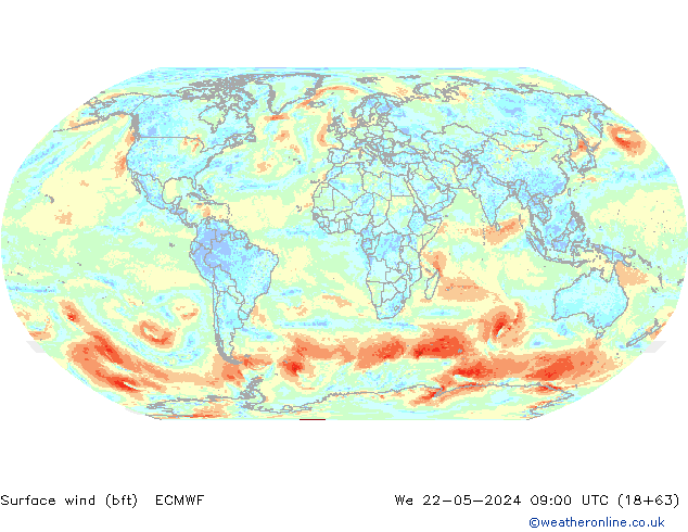 wiatr 10 m (bft) ECMWF śro. 22.05.2024 09 UTC