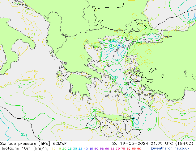 Izotacha (km/godz) ECMWF nie. 19.05.2024 21 UTC