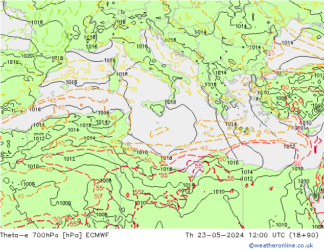 Theta-e 700hPa ECMWF do 23.05.2024 12 UTC