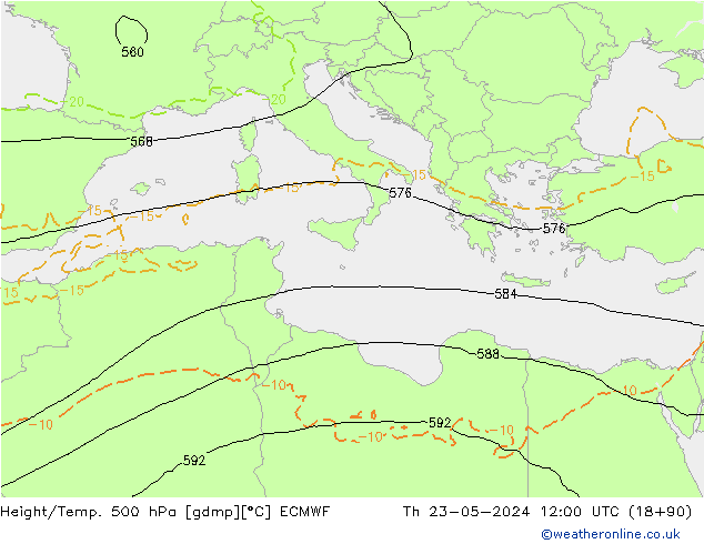 Height/Temp. 500 hPa ECMWF czw. 23.05.2024 12 UTC