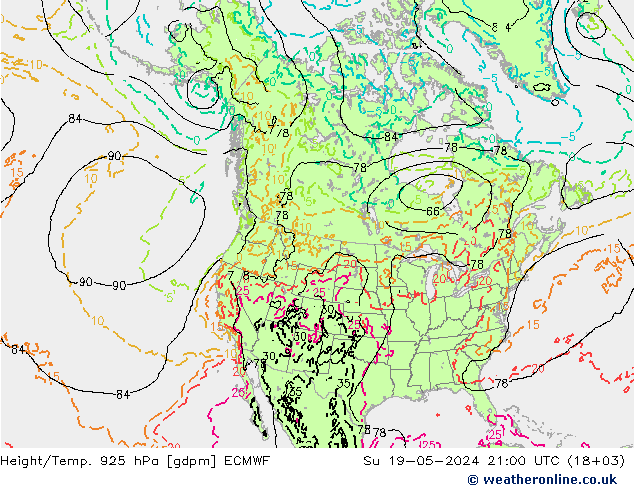 Géop./Temp. 925 hPa ECMWF dim 19.05.2024 21 UTC